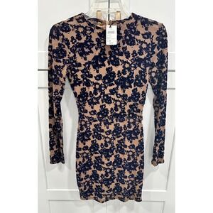Windsor Taupe Navy Floral Velvet Mesh Long Sleeve Bodycon Mini Dress S